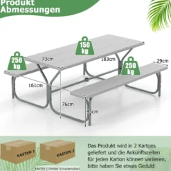 Bierzeltgarnitur mit Wetterfester HDPE-Tischplatte & Schirmloch Biertischgarnitur 183 cm Grau