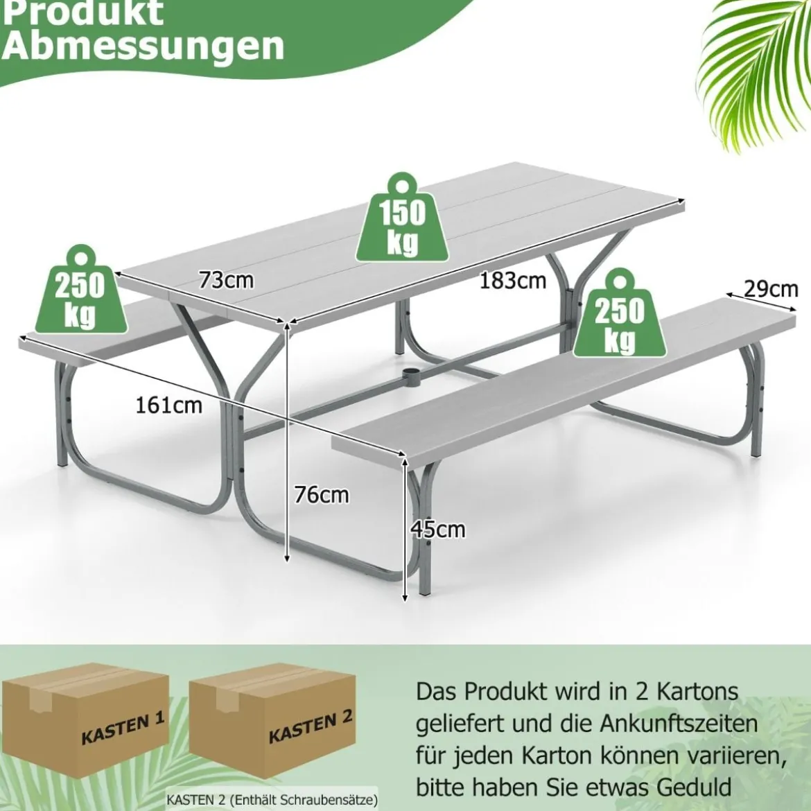 Bierzeltgarnitur mit Wetterfester HDPE-Tischplatte & Schirmloch Biertischgarnitur 183 cm Grau