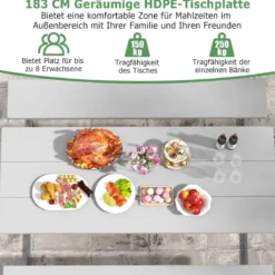 Bierzeltgarnitur mit Wetterfester HDPE-Tischplatte & Schirmloch Biertischgarnitur 183 cm Grau