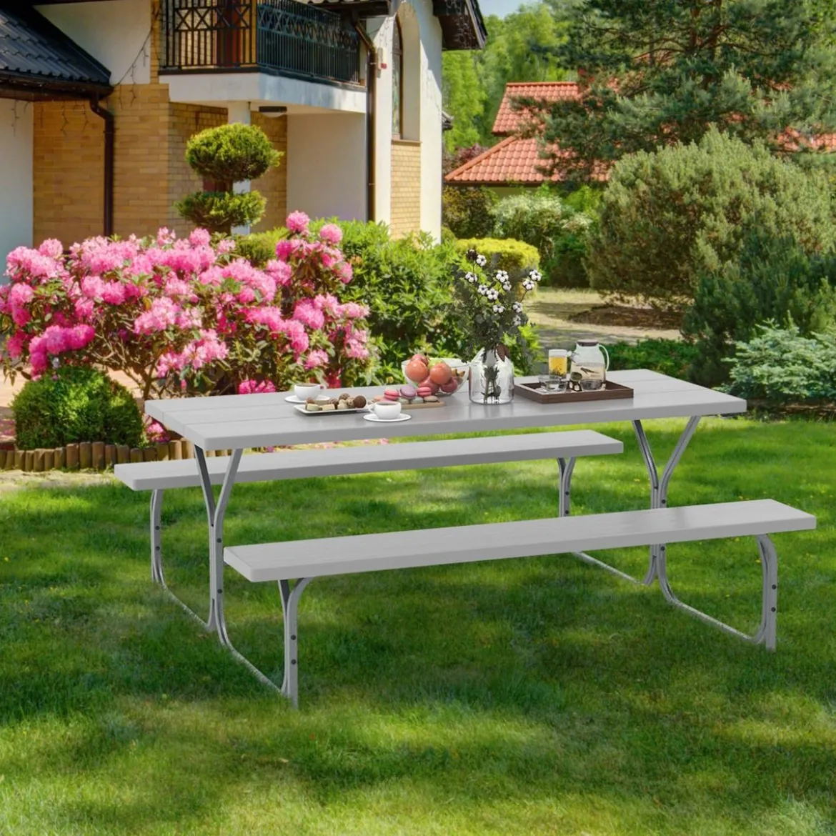 Bierzeltgarnitur mit Wetterfester HDPE-Tischplatte & Schirmloch Biertischgarnitur 183 cm Grau