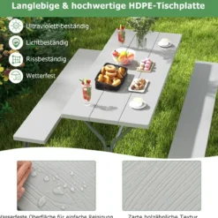 Bierzeltgarnitur mit Wetterfester HDPE-Tischplatte & Schirmloch Biertischgarnitur 183 cm Grau