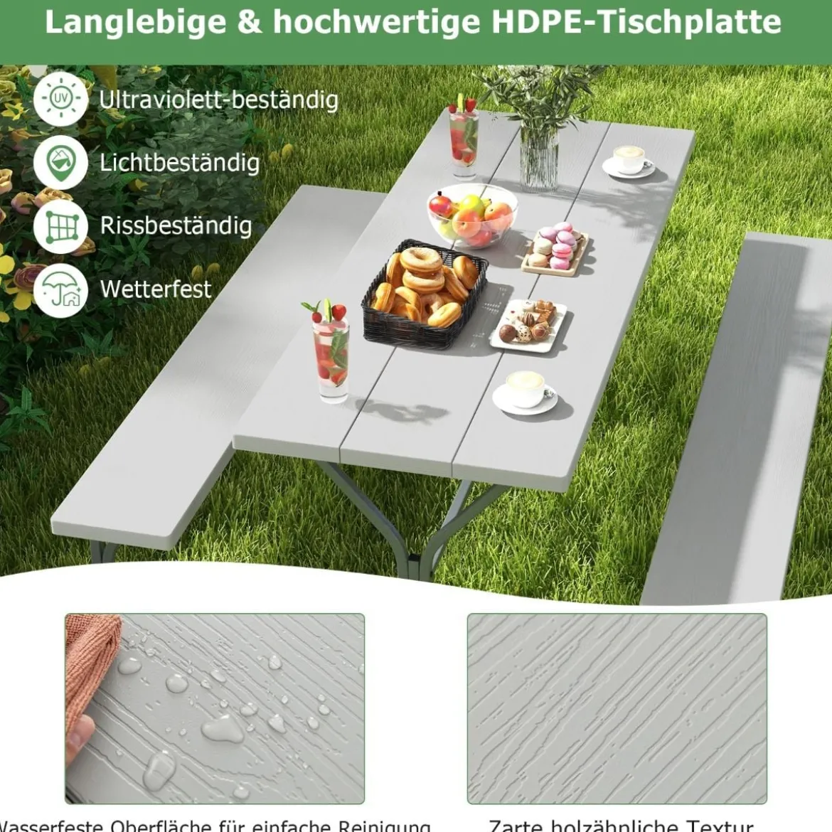 Bierzeltgarnitur mit Wetterfester HDPE-Tischplatte & Schirmloch Biertischgarnitur 183 cm Grau