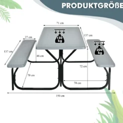 Bierzeltgarnitur Picknicktisch & 2 Sitzbänke mit Metallrahmen Grau