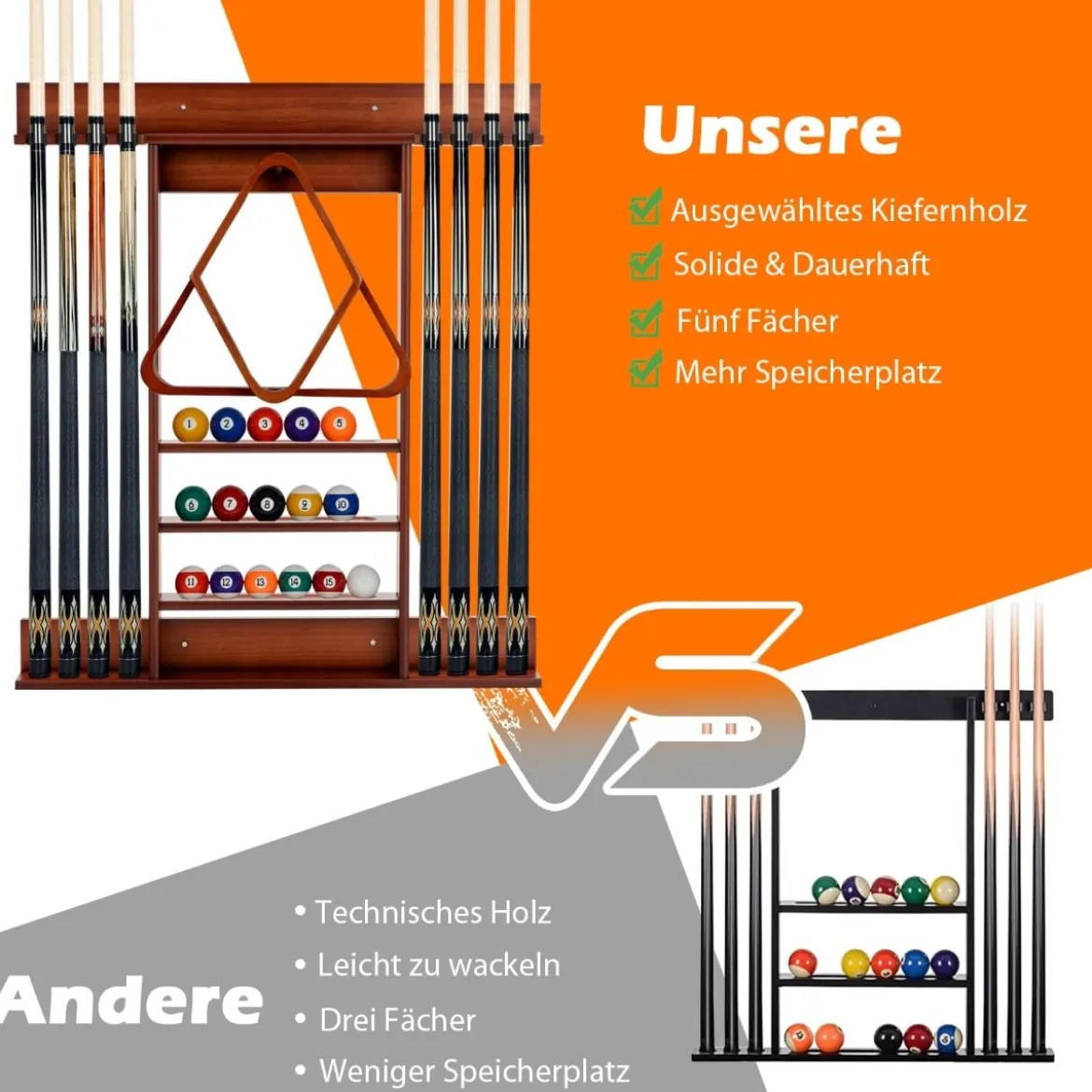 Billard-Pool-Queue-Rack Wandbefestigter Billardstockhalter für 8 Queues 15 Billardkugeln Braun