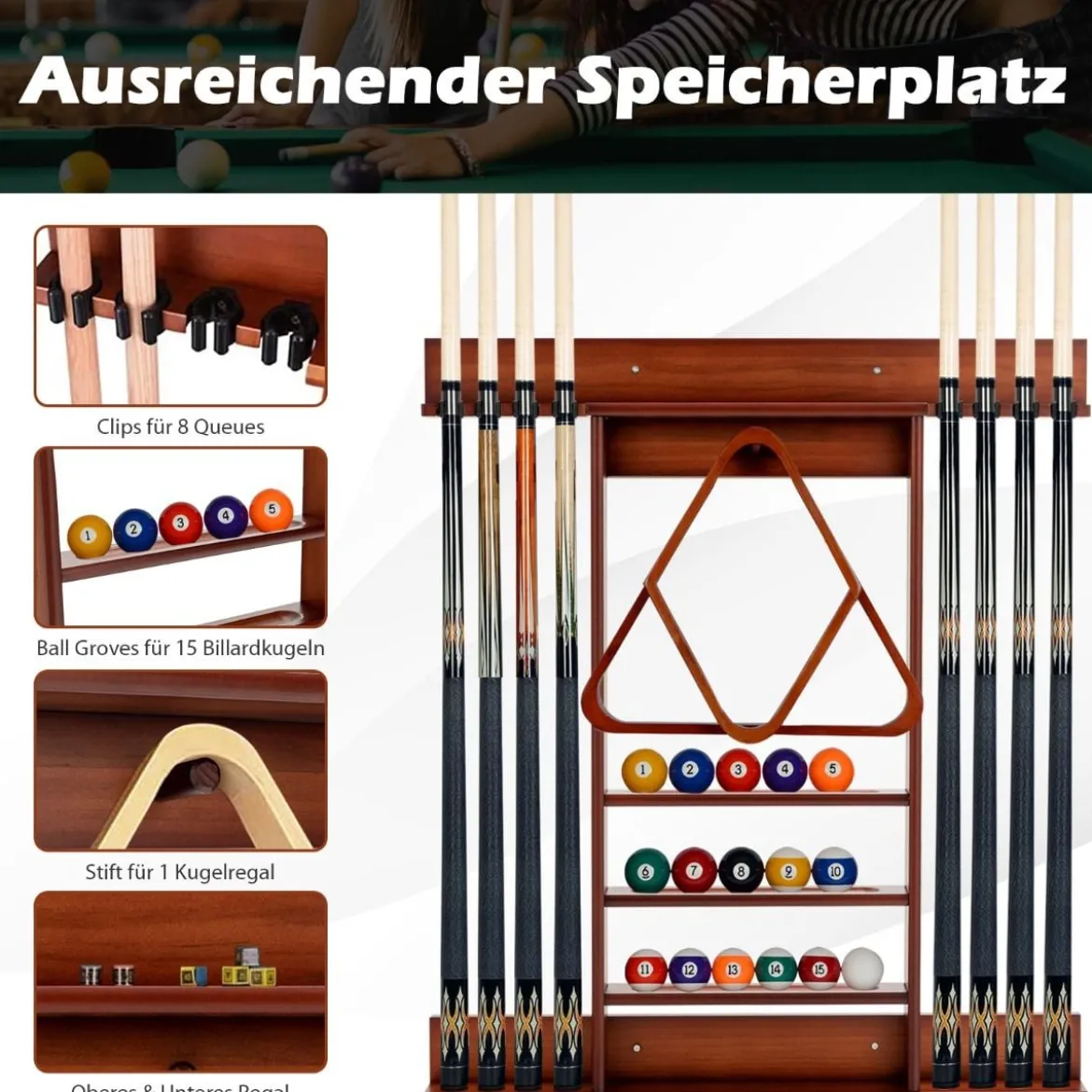 Billard-Pool-Queue-Rack Wandbefestigter Billardstockhalter für 8 Queues 15 Billardkugeln Braun