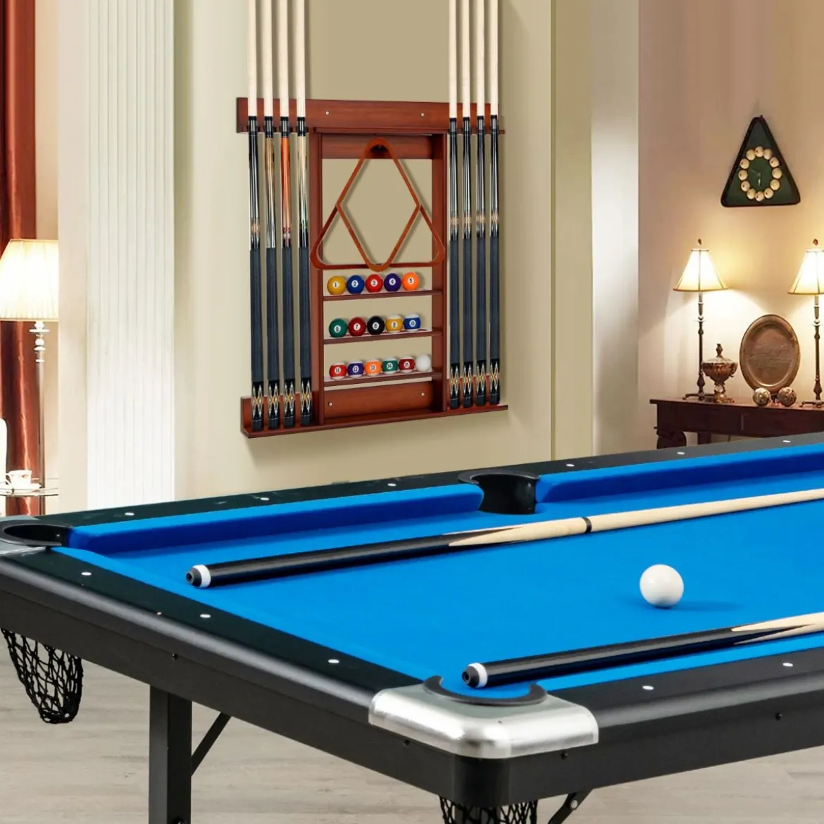 Billard-Pool-Queue-Rack Wandbefestigter Billardstockhalter für 8 Queues 15 Billardkugeln Braun