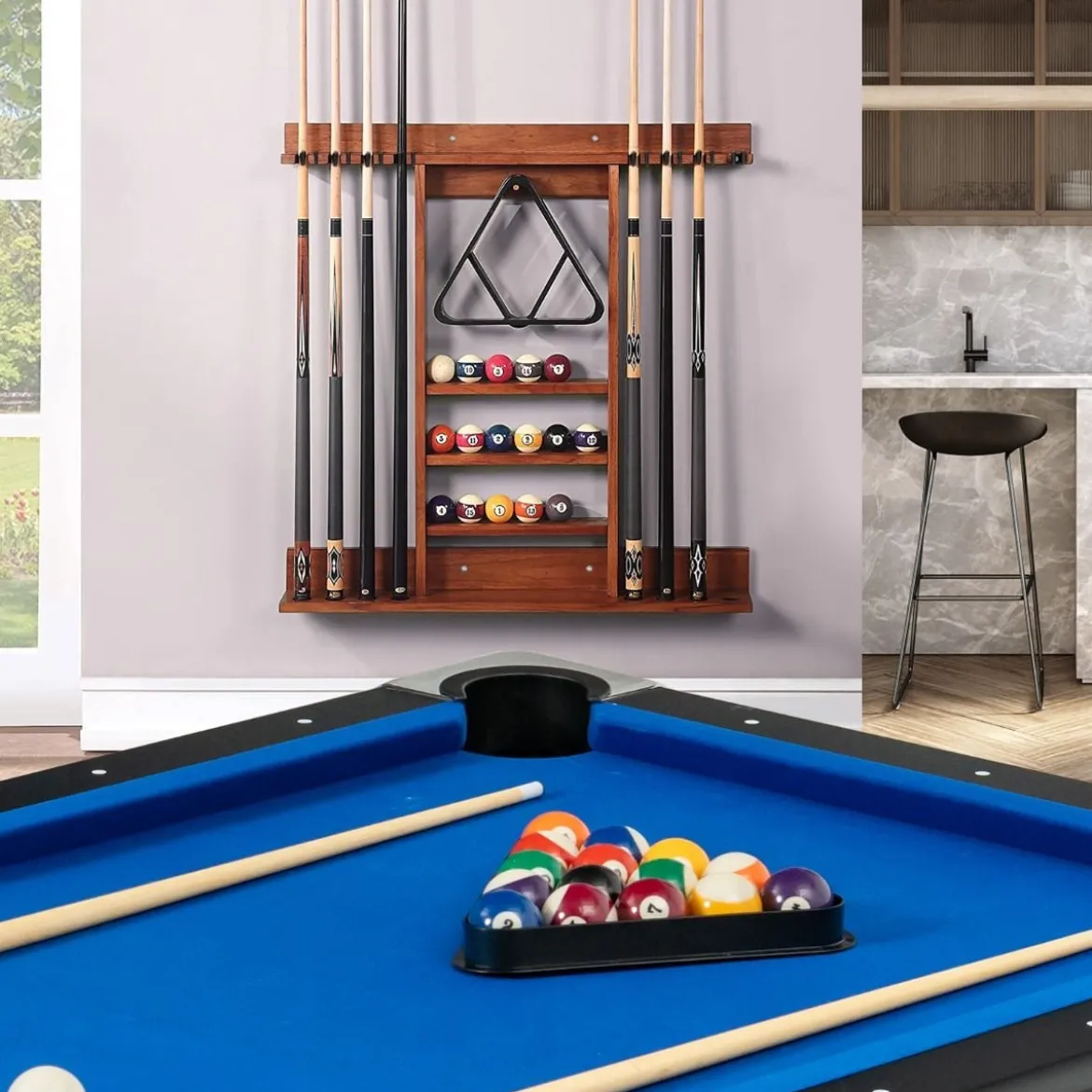 Billard-Pool-Queue-Rack Wandbefestigter Billardstockhalter für 8 Queues 15 Billardkugeln Braun