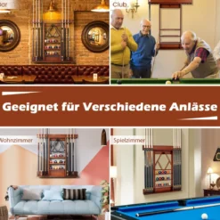 Billard-Pool-Queue-Rack Wandbefestigter Billardstockhalter für 8 Queues 15 Billardkugeln Braun