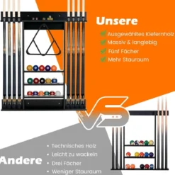 Billard Queue Halter Wandmontage Wandqueuehalter Kiefernholz für 8 Queues