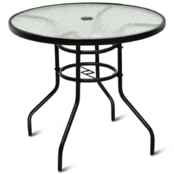 Bistrotisch aus Metall mit Schirmloch & Verdickter Glasplatte Gartentisch Glastisch Schwarz