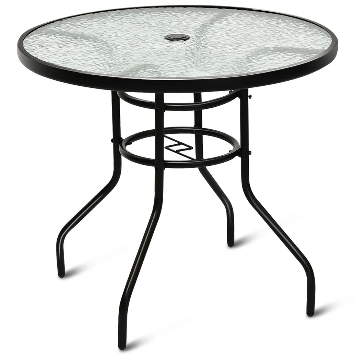 Bistrotisch aus Metall mit Schirmloch & Verdickter Glasplatte Gartentisch Glastisch Schwarz