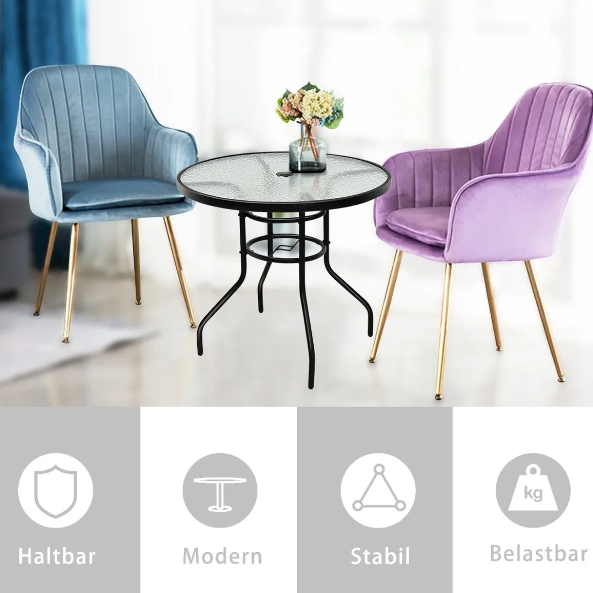 Bistrotisch aus Metall mit Schirmloch & Verdickter Glasplatte Gartentisch Glastisch Schwarz