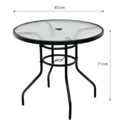 Bistrotisch aus Metall mit Schirmloch & Verdickter Glasplatte Gartentisch Glastisch Schwarz