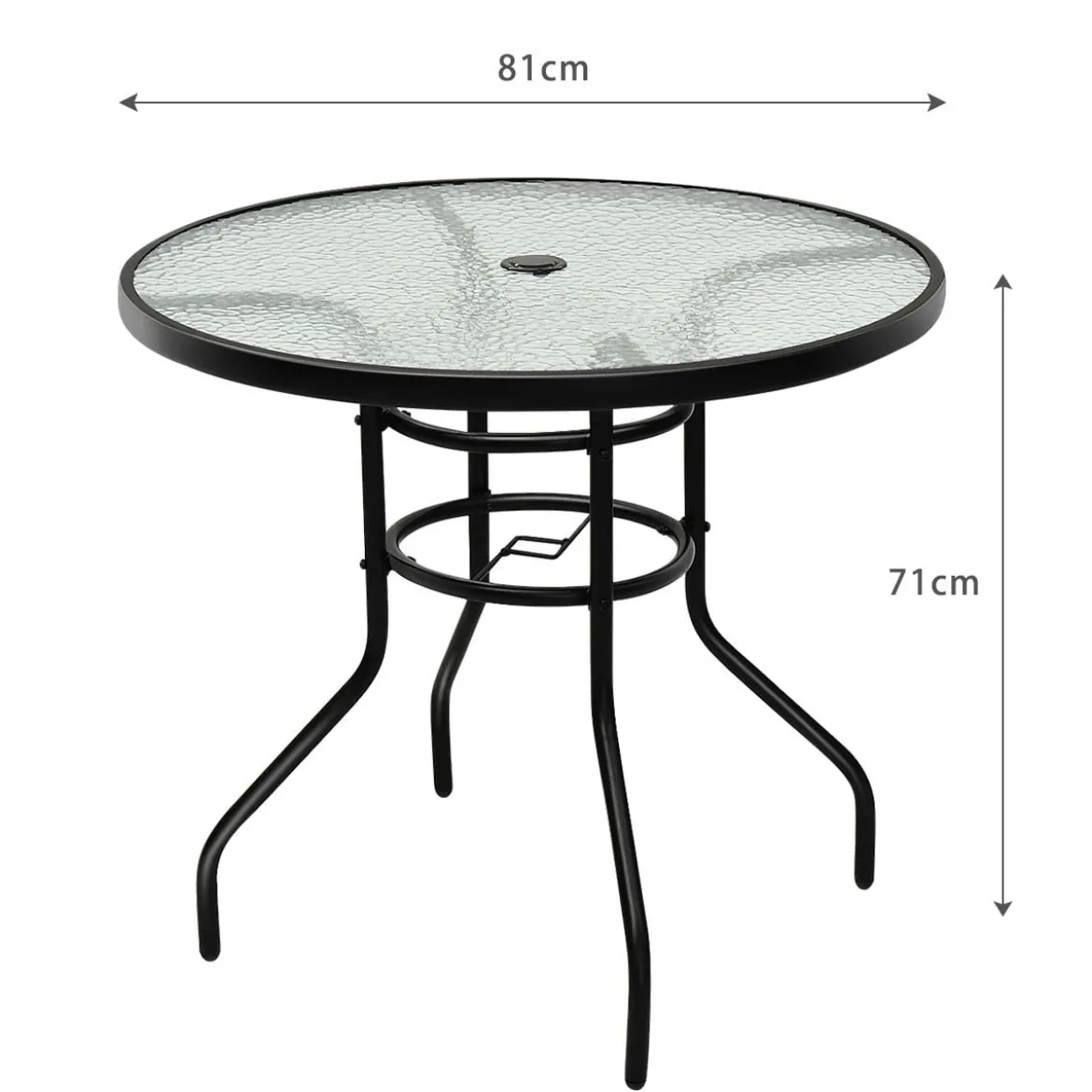 Bistrotisch aus Metall mit Schirmloch & Verdickter Glasplatte Gartentisch Glastisch Schwarz