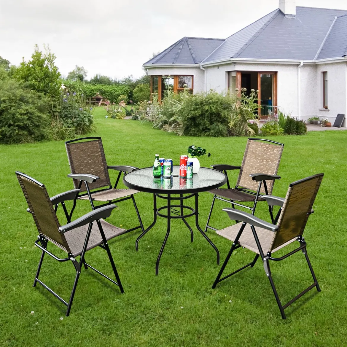 Bistrotisch aus Metall mit Schirmloch & Verdickter Glasplatte Gartentisch Glastisch Schwarz