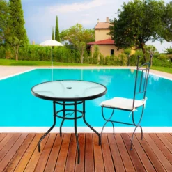 Bistrotisch aus Metall mit Schirmloch & Verdickter Glasplatte Gartentisch Glastisch Schwarz