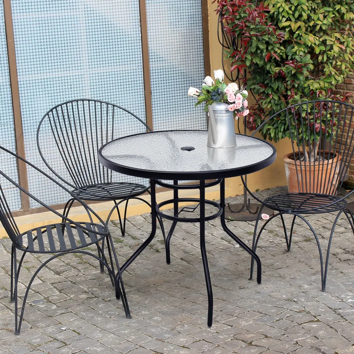Bistrotisch aus Metall mit Schirmloch & Verdickter Glasplatte Gartentisch Glastisch Schwarz