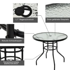 Bistrotisch aus Metall mit Schirmloch & Verdickter Glasplatte Gartentisch Glastisch Schwarz
