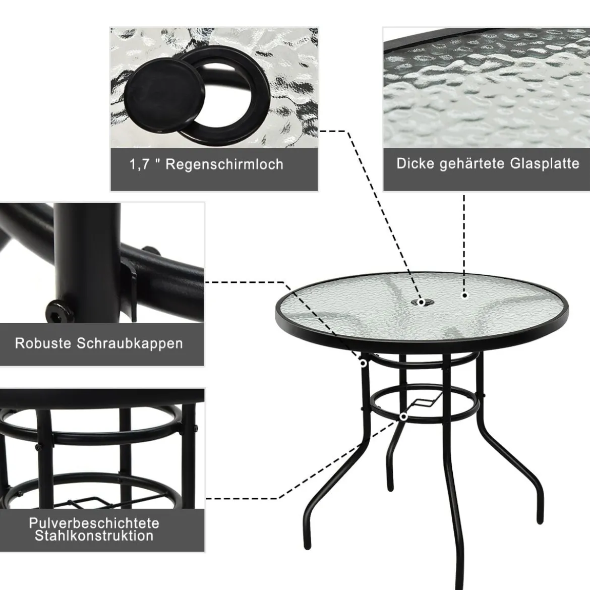 Bistrotisch aus Metall mit Schirmloch & Verdickter Glasplatte Gartentisch Glastisch Schwarz