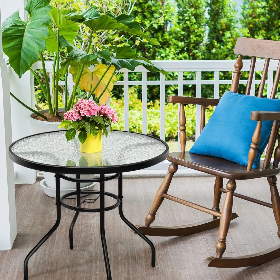 Bistrotisch aus Metall mit Schirmloch & Verdickter Glasplatte Gartentisch Glastisch Schwarz
