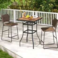 Bistrotisch mit Schirmloch & Tischplatte in Holzoptik Gartentisch Quadratischer Balkontisch