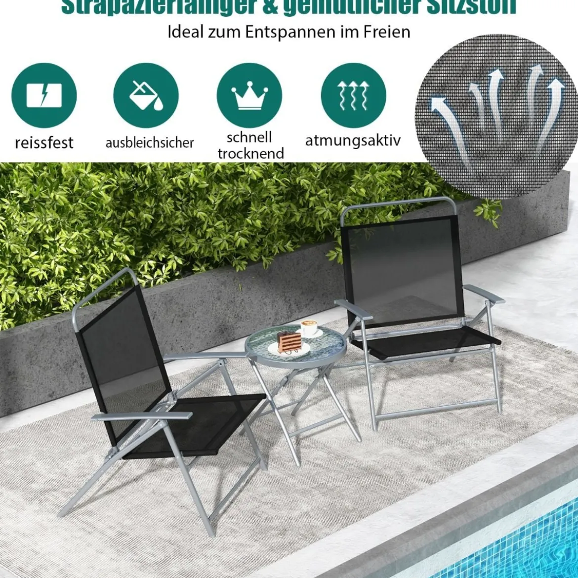 Bistrotisch mit 2 Stühlen Klappbarer Balkonset 3-teilig Gartenmöbel-Setmit Metallrahmen