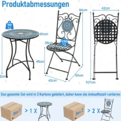 Bistrotisch mit 2 Stühlen Mosaik Bistroset klappbar 3-teiliges Balkonset Blau