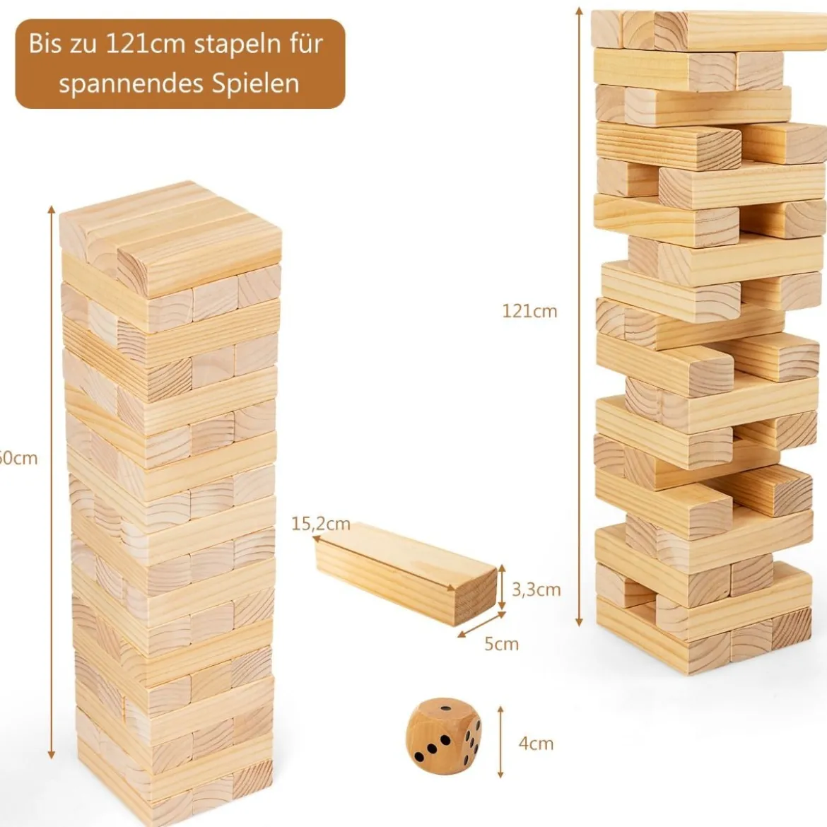 54 Blöcke aus Kiefernholz Verflixter Turm-Spiel Bauklötze Spiel 5 x 3,3 x 15,2 cm Natur