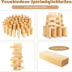 54 Blöcke aus Kiefernholz Verflixter Turm-Spiel Bauklötze Spiel 5 x 3,3 x 15,2 cm Natur