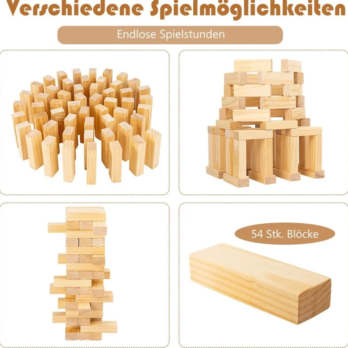 54 Blöcke aus Kiefernholz Verflixter Turm-Spiel Bauklötze Spiel 5 x 3,3 x 15,2 cm Natur