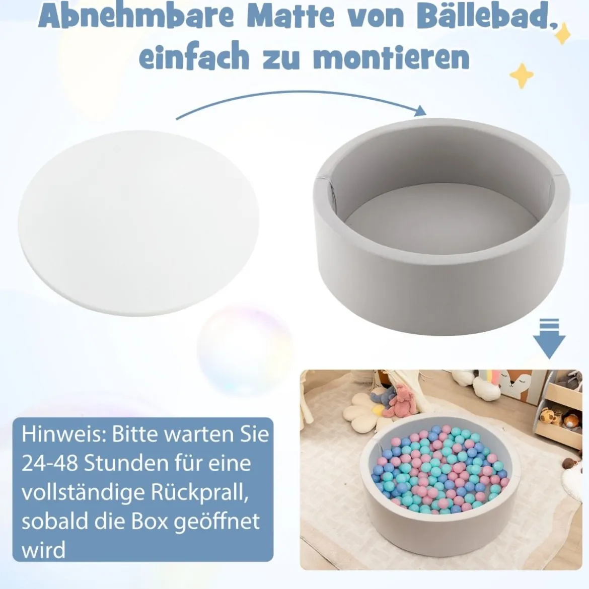 Bällebad mit 200 Bällen Bällepool 90 x 30 cm inkl. abnembare Bodenmatte Grau