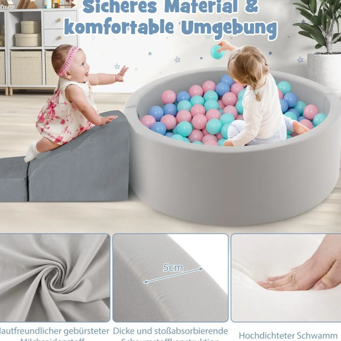 Bällebad mit 200 Bällen Bällepool 90 x 30 cm inkl. abnembare Bodenmatte Grau