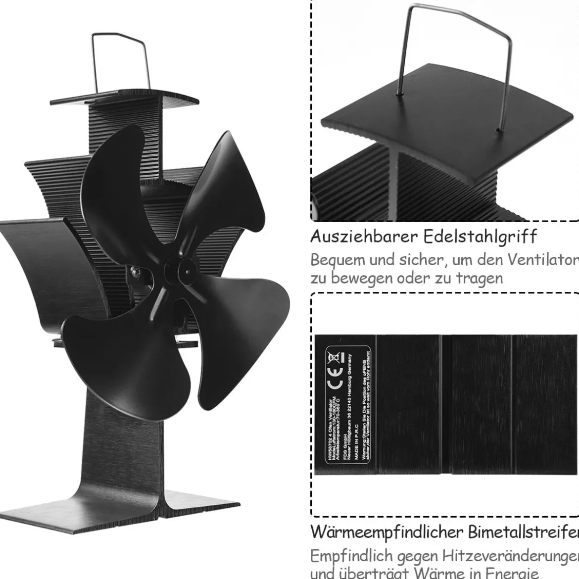 4 Blätter Schwarz Ofenventilator Kaminlüfter Ventilator mit USB