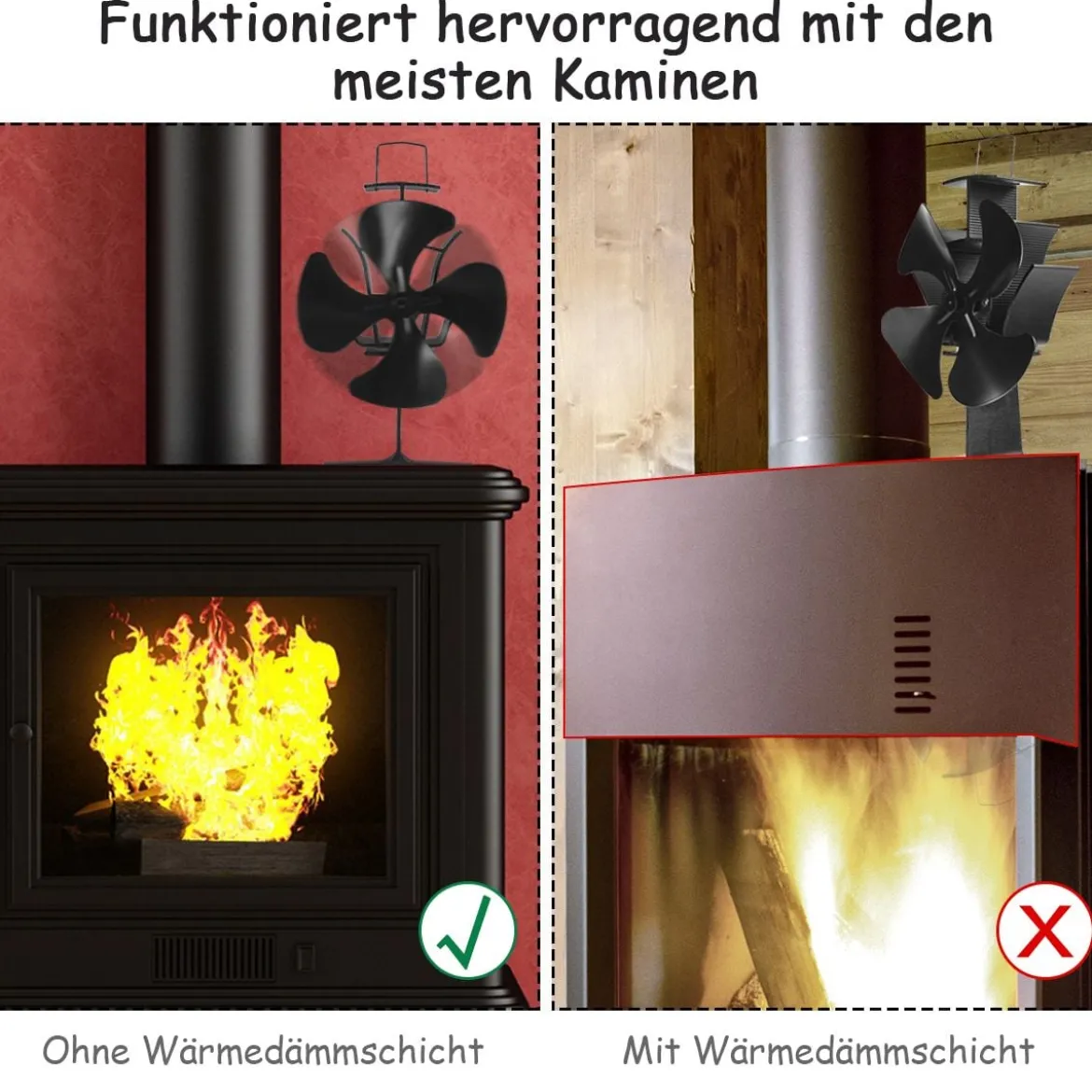 4 Blätter Schwarz Ofenventilator Kaminlüfter Ventilator mit USB