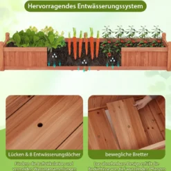 Blumenkasten Hochbeet Holz Pflanzkasten mit Trennwand Entwässerungslöchern & Vliesstofffolie Gartenbeet Pflanzbeet 227 x 59,5 x 40 cm Braun