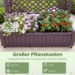 Blumenkasten mit Rankgitter & Rollen Hochbeet mit Spalier & Abflusslöchern Pflanzkasten Braun