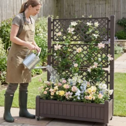 Blumenkasten mit Rankgitter & Rollen Hochbeet mit Spalier & Abflusslöchern Pflanzkasten Braun