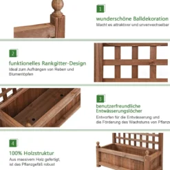 Blumenkasten mit Rankgitter Pflanzkasten Holz für Kletterpflanzen Hochbeet mit Spalier 64,5 x 28 x 120 cm Braun