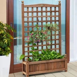 Blumenkasten mit Rankgitter Pflanzkasten Holz für Kletterpflanzen Hochbeet mit Spalier 64,5 x 28 x 120 cm Braun