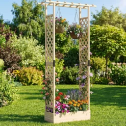 Blumenkasten mit Rankgitter Pflanzkasten mit Rankhilfe & Hängendem Dach Sichtschutz Natur