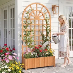 Blumenkasten mit Rankgitter & Spalier & Entwässerung Gartenspalier für Kletterpflanzen Braun