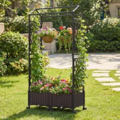 Blumenkasten mit Rankgitter & hängendem Dach Hochbeet auf abschließbaren Rollen Braun 154 x 40 x 162 cm