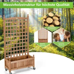 Blumenkasten mit Rankgitter Pflanzkasten Holz auf Rollen für Kletterpflanzen 64 x 28x 127 cm Braun
