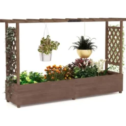 Blumenkasten mit Rankgitter & Hängendem Dach Pflanzkasten mit Rankhilfe 200x44x114cm Braun