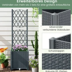Blumenkasten mit Rankgitter Pflanzkasten für Kletterpflanzen 40 x 40 x140 cm Grau/Kaffee