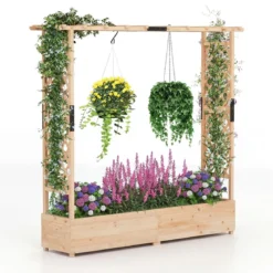 Blumenkasten mit Rankgitter & Hängendem Dach Pflanzkasten Hochbeet Pflanzkübel Natur