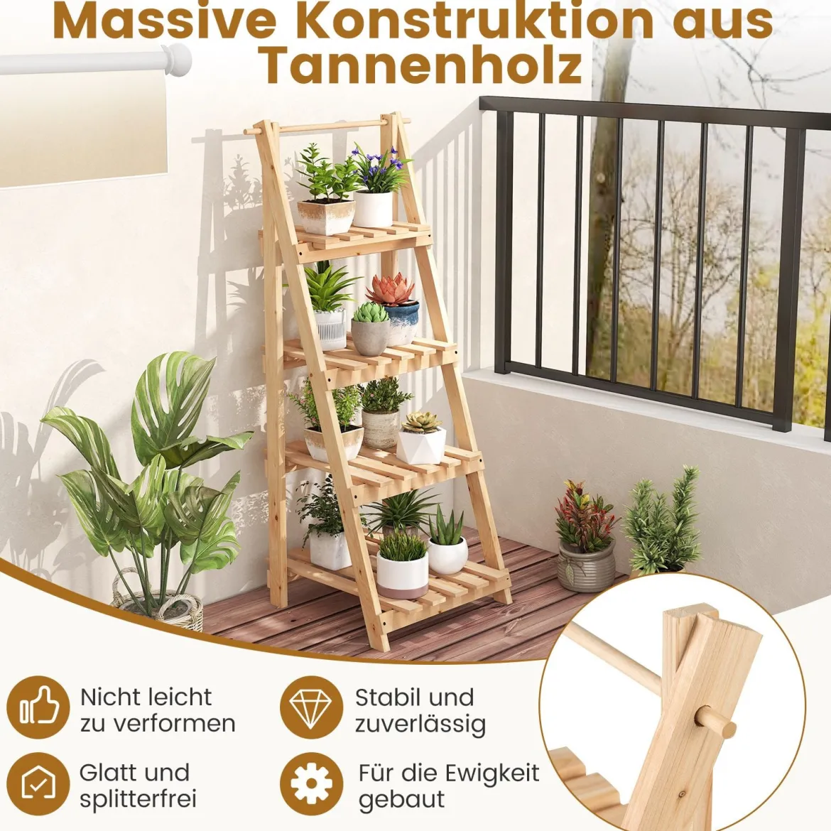 Blumentreppe klappbar Leiterregal mit 4 Ablagen Blumenregal aus Tannenholz Pflanzleiter Pflanzenregal Blumenständer Natur 52 x 38 x 109 cm