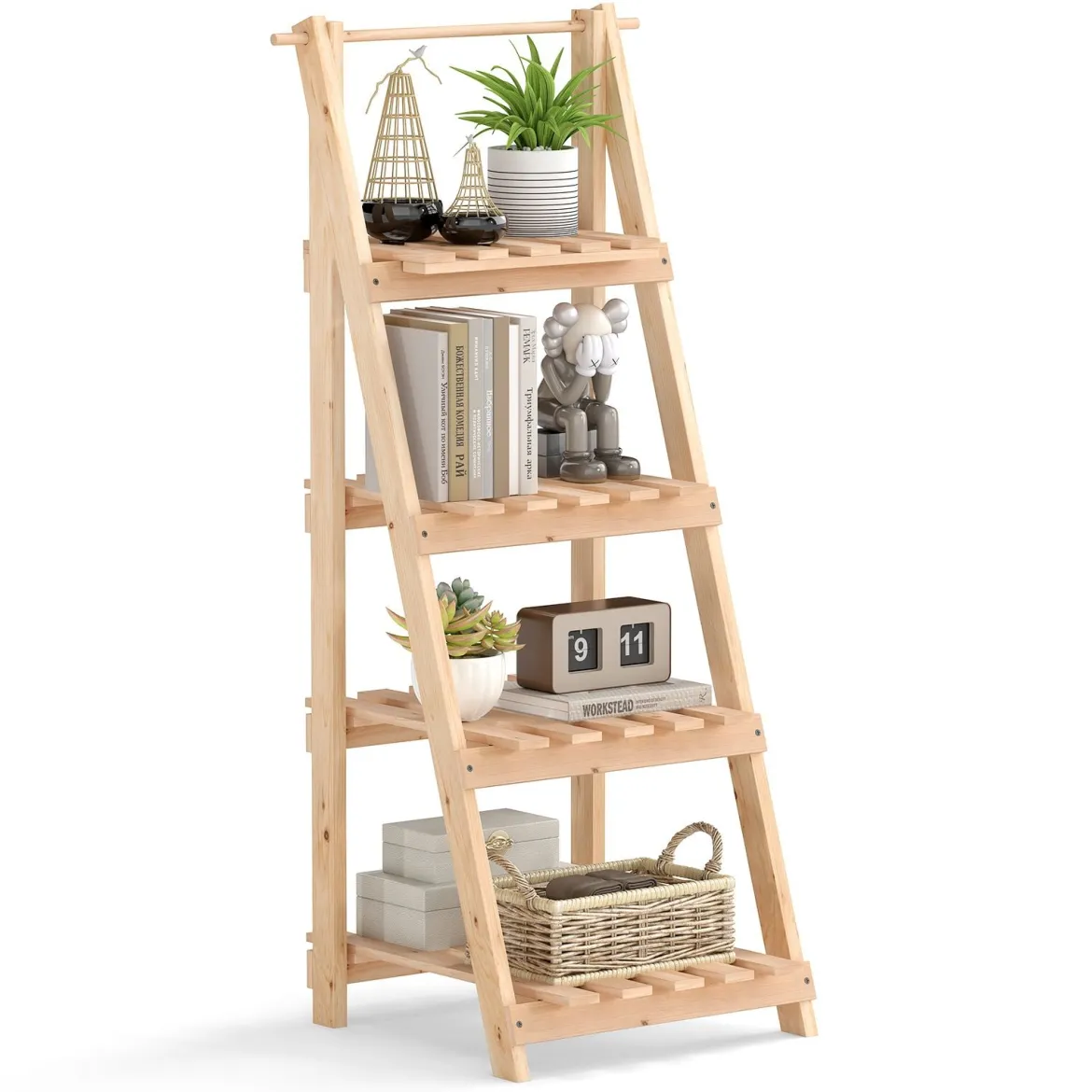 Blumentreppe klappbar Leiterregal mit 4 Ablagen Blumenregal aus Tannenholz Pflanzleiter Pflanzenregal Blumenständer Natur 52 x 38 x 109 cm