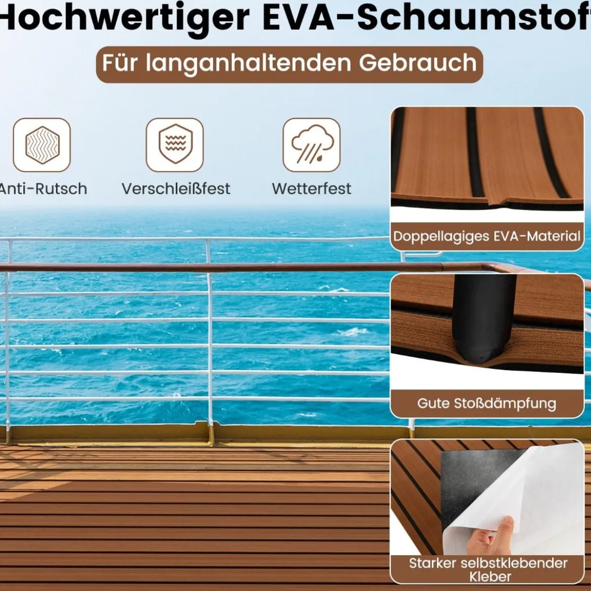 Bodenbelag für Boote Selbstklebend aus EVA-Schaumstoff Rutschfest 240 x 90 cm Braun