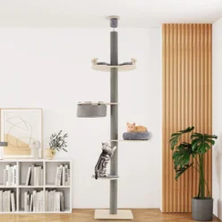 Boden bis Decke Kratzbaum mit 236-271 cm verstellbarer Höhe 5-stufiger Katzenkratzbaum mit Plattform Grau